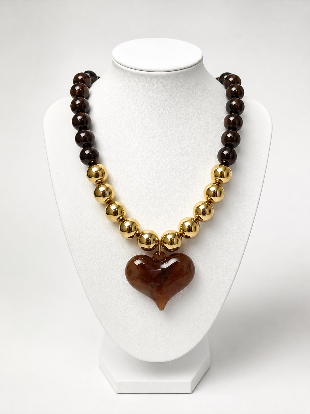 Gold & Brown Heart Pendant Necklace - Women's Statement Jewelry